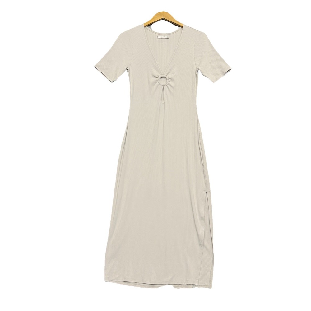 Abercrombie & Fitch‎ Ribbed Midi Dress Sz M T Side Slit Beige O Ring Minimalist